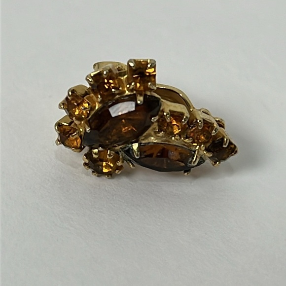 Vintage Gold Tone Brown Orange Marquee Rhinestones Clip On Earrings OS - Picture 4 of 8